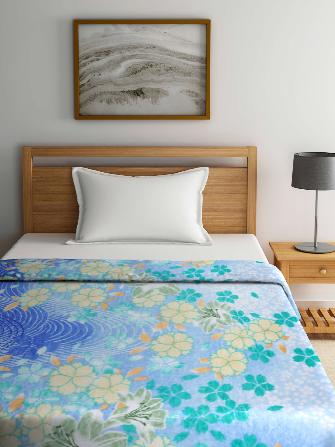 Arrabi Blue Floral Polyester 950 GSM Full Size Single Bed Blanket (210 X 150 cm)