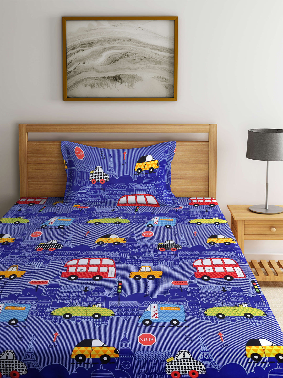 Arrabi Blue Geometric TC Cotton Blend Single Size Fitted Bedsheet with 1 Pillow Cover (220 X 150 cm)
