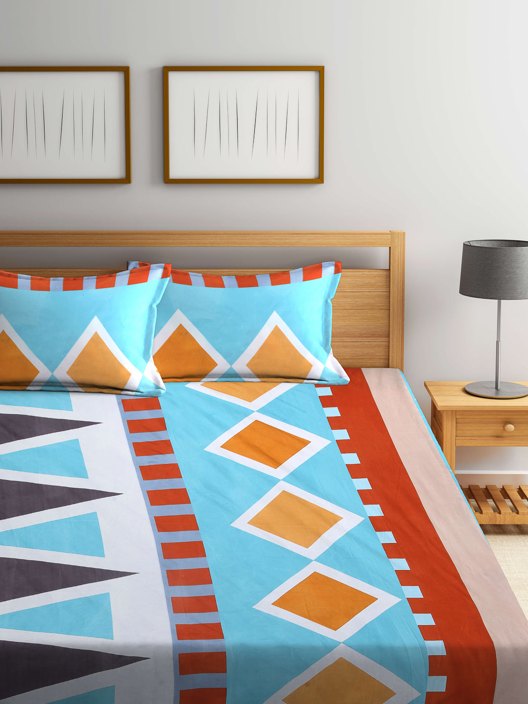Arrabi Blue Geometric TC Cotton Blend King Size Fitted Bedsheet with 2 Pillow Covers (250 X 215 Cm )