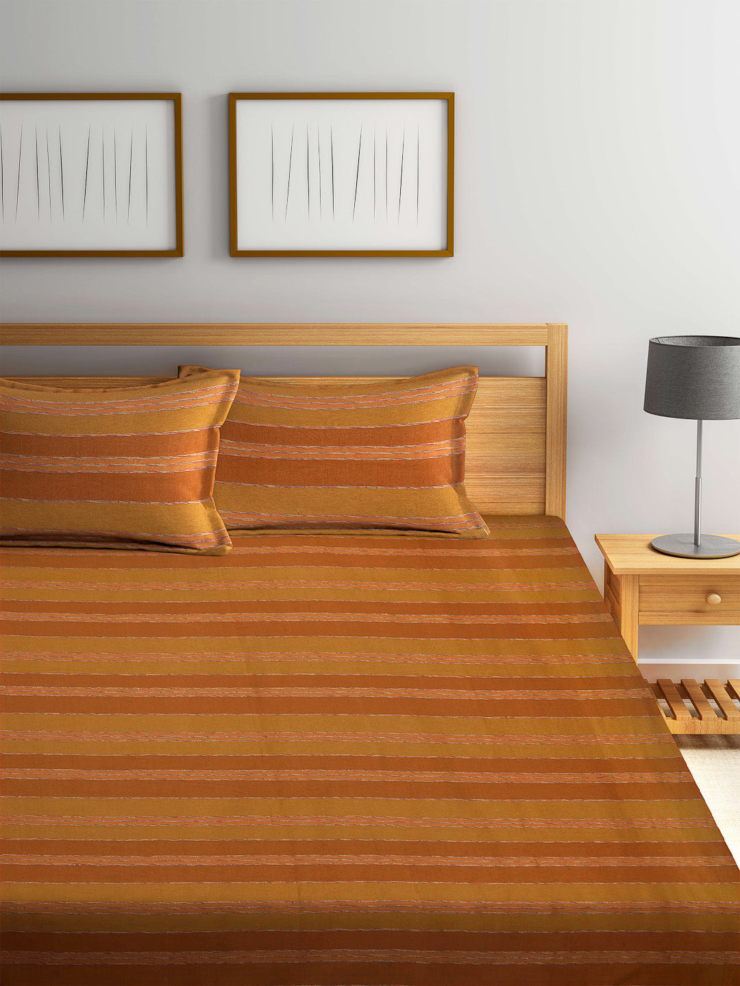 Arrabi Brown Stripes Handwoven Cotton Double King Size Bedsheet with 2 Pillow Covers (270 x 270 cm)