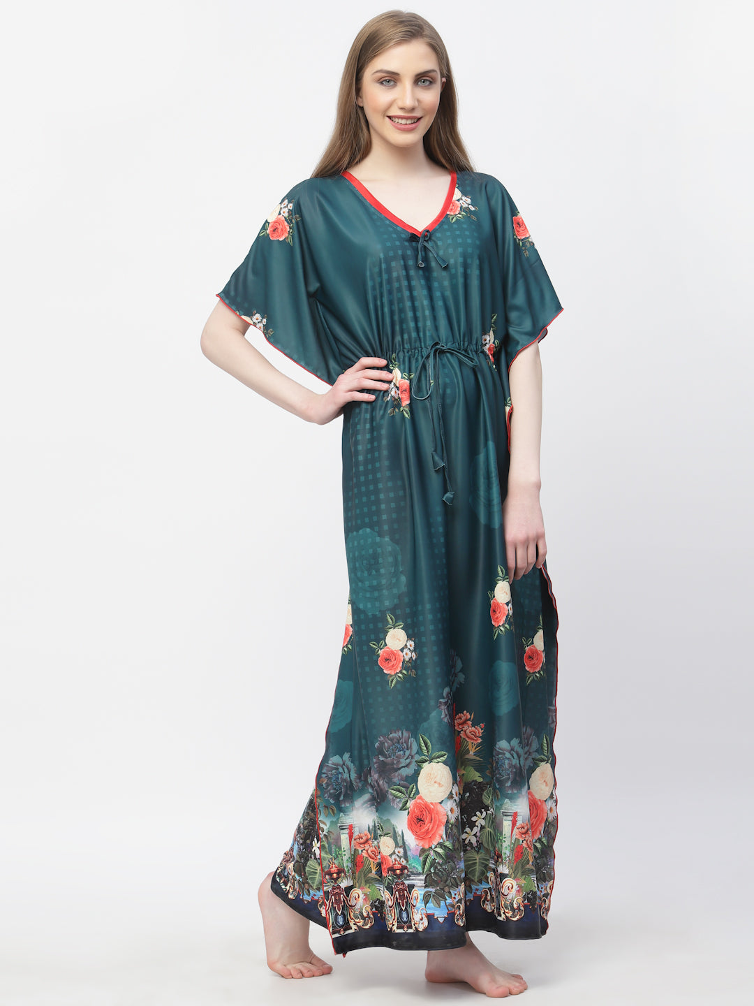 Arrabi Women Green Floral Kaftan Dress
