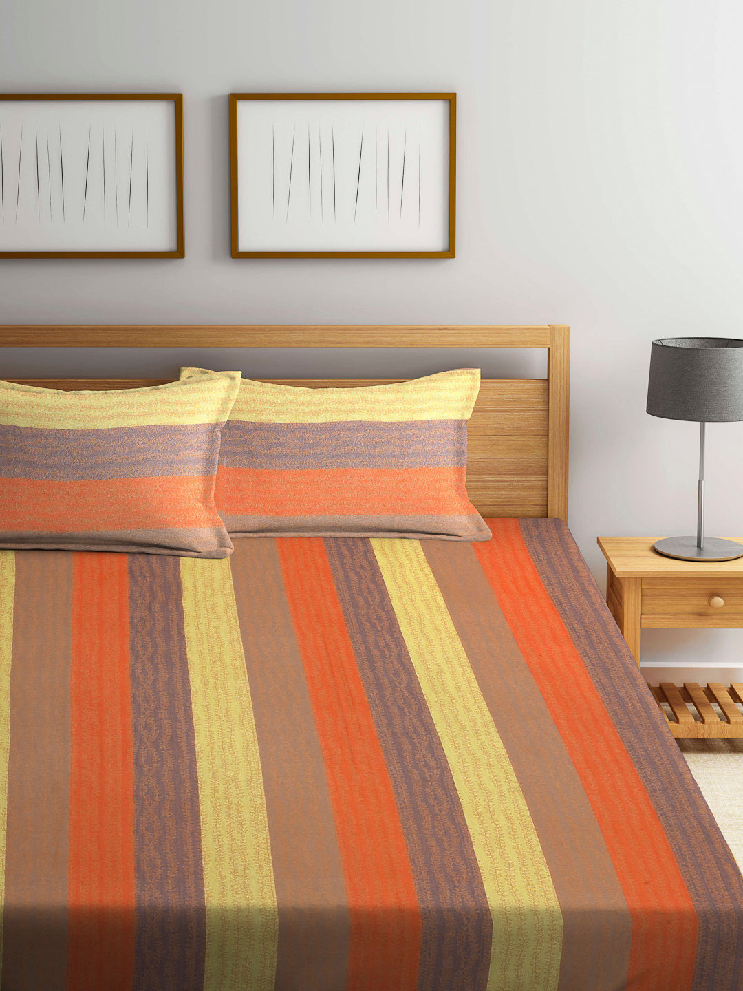 Arrabi Multi Stripes Handwoven Cotton King Size Bedsheet with 2 Pillow Covers (260 X 230 cm)