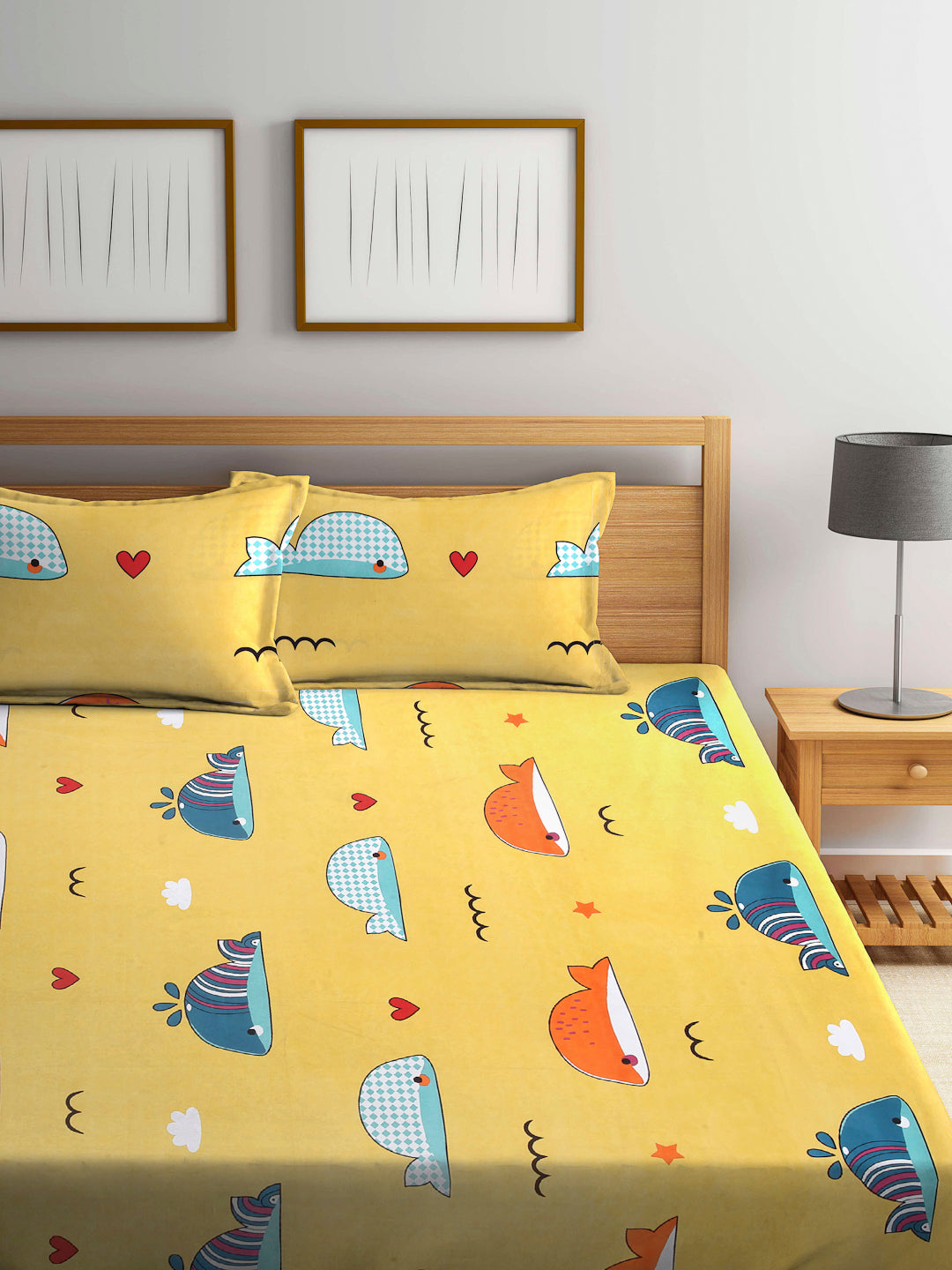 Arrabi Yellow Cartoon TC Cotton Blend Double Size Bedsheet with 2 Pillow Cover