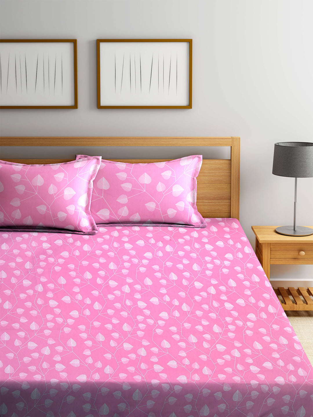 Arrabi Pink Leaf TC Cotton Blend Double Size Fitted Bedsheet with 2 Pillow Covers (250 X 220 cm)