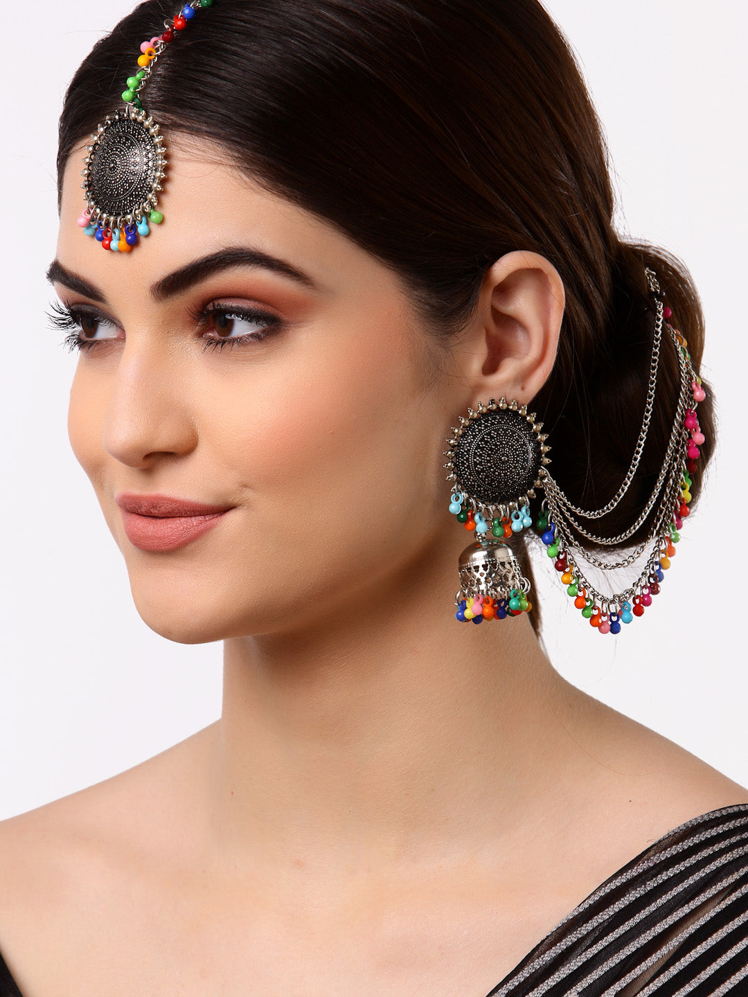 Arrabi Metallic Oxidised Kundan Studded Maang Tika & Earrings Set (17 cm)