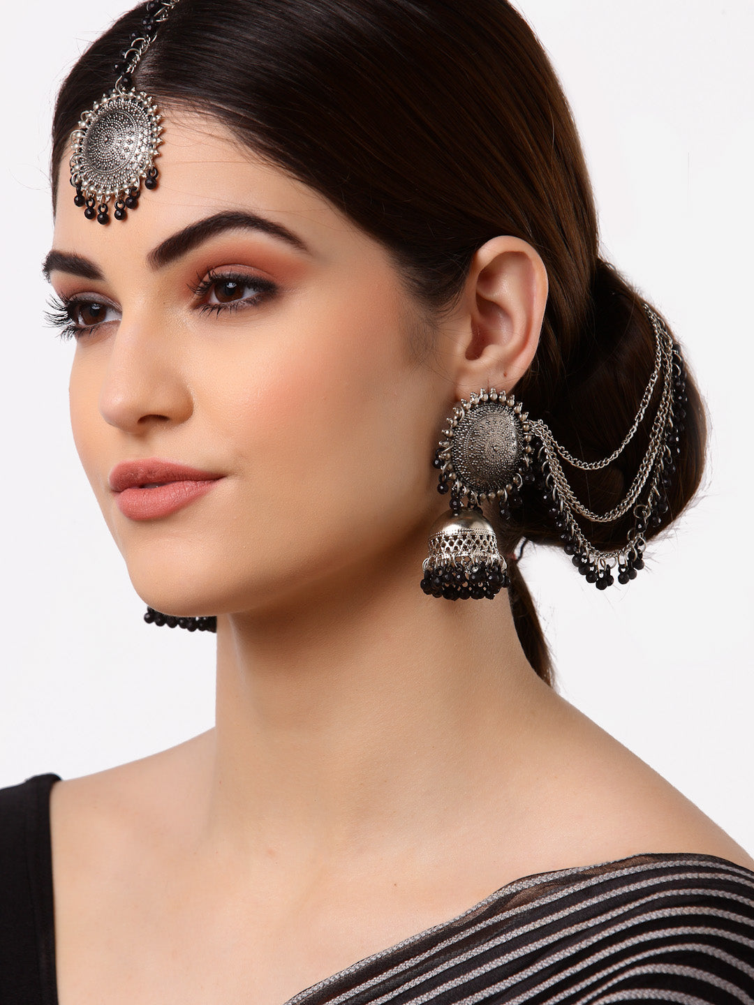 Arrabi Metallic Oxidised Kundan Studded Maang Tika & Earrings Set (17 cm)