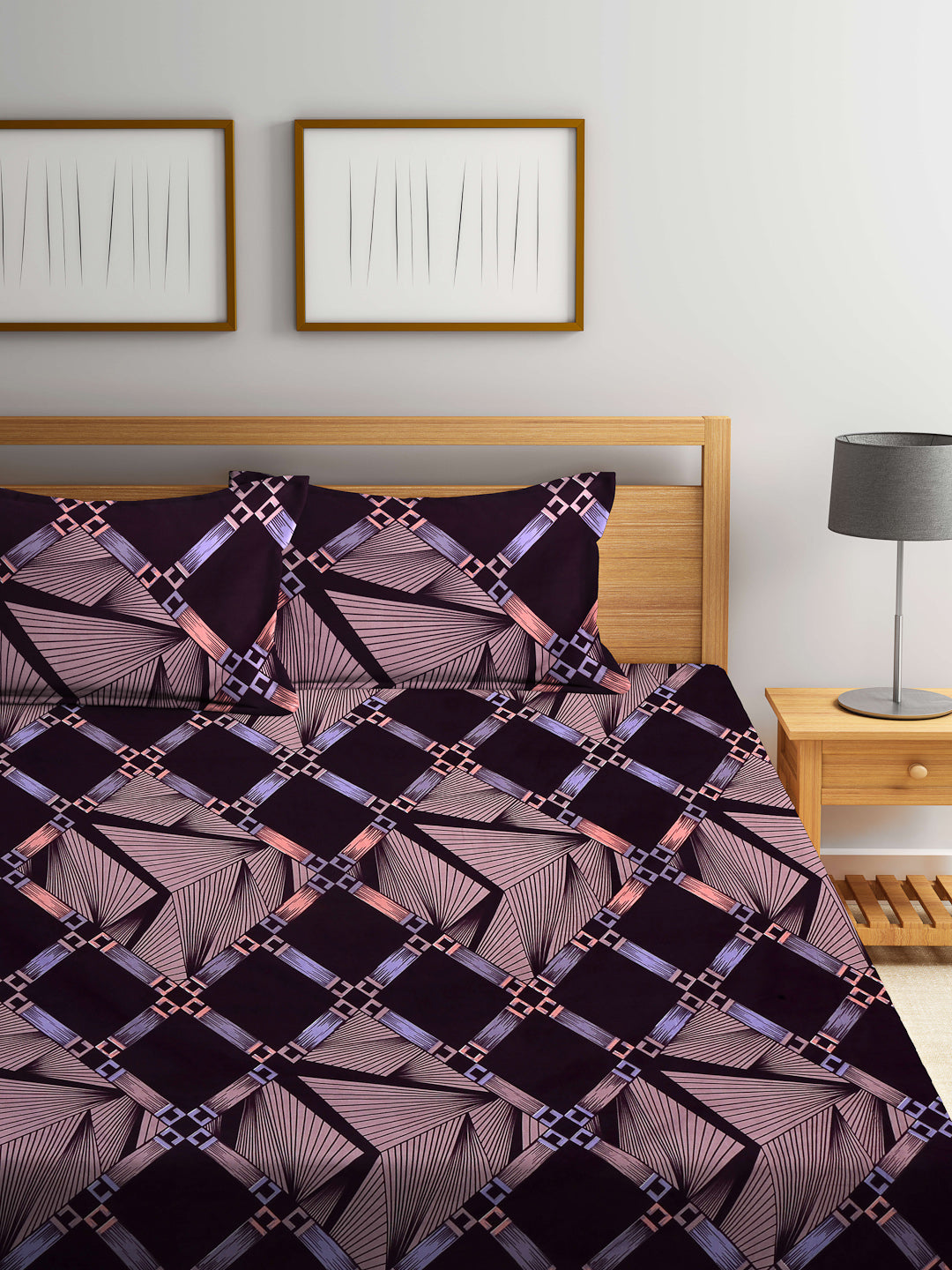Arrabi Brown Geometric TC Cotton Blend King Size Bedsheet with 2 Pillow Covers (250 X 220 cm)