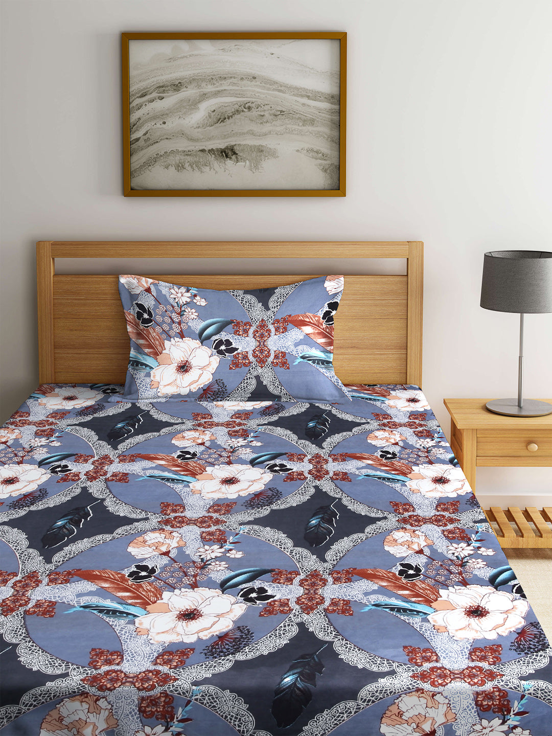 Arrabi Multi Floral TC Cotton Blend Single Size Fitted Bedsheet with 1 Pillow Cover (220 X 150 cm)
