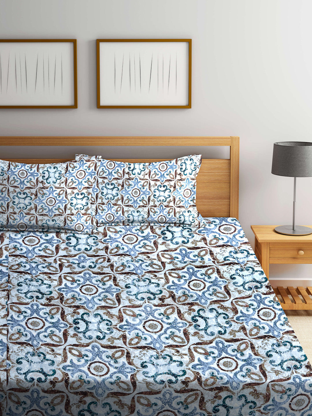 Arrabi Multi Indian TC Cotton Blend Double Size Bedsheet with 2 Pillow Covers (250 x 220 cm)