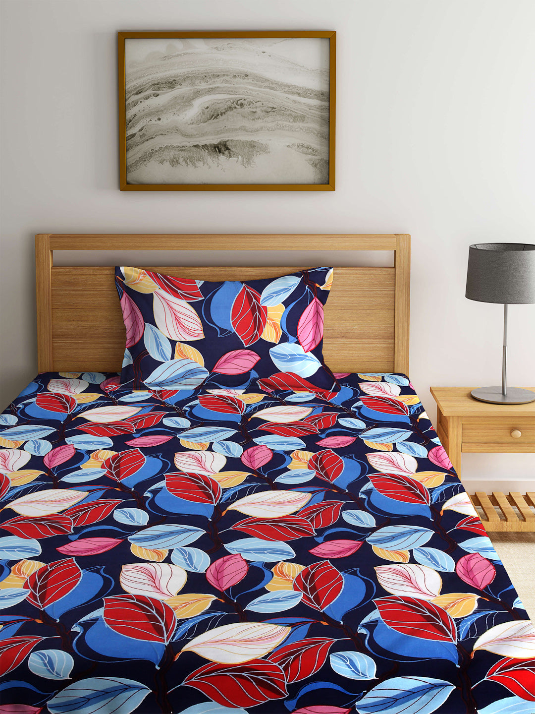Arrabi Blue Leaf TC Cotton Blend Single Size Fitted Bedsheet with 1 Pillow Cover (220 X 150 cm)