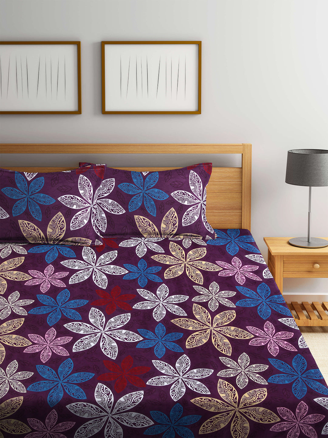 Arrabi Purple Floral TC Cotton Blend Double Size Fitted Bedsheet with 2 Pillow Covers (250 X 220 cm)