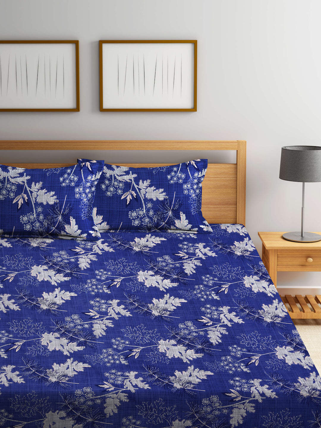 Arrabi Blue Leaf TC Cotton Blend King Size Bedsheet with 2 Pillow Covers (250 X 215 cm)