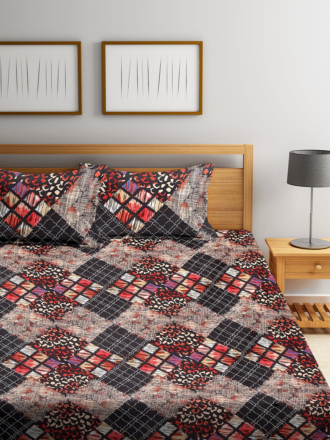 Arrabi Multi Abstract TC Cotton Blend Double Size Fitted Bedsheet with 2 Pillow Covers (250 X 220 cm)