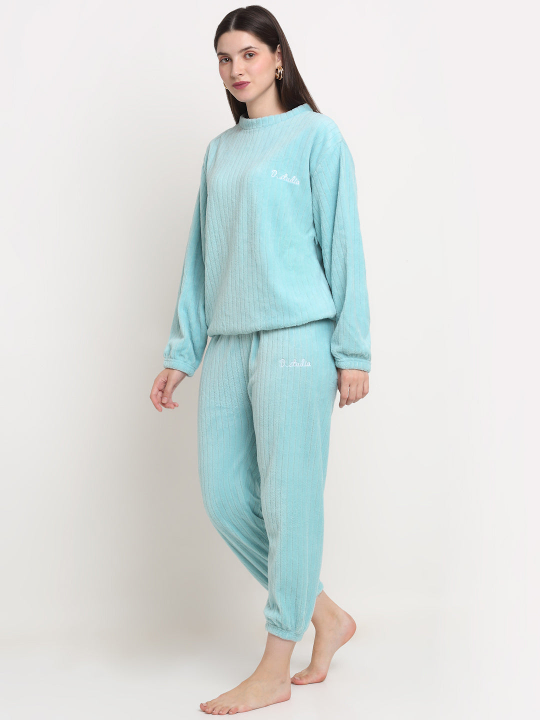 Arrabi Women Turquoise Wool Blend Stripes Winter Night Suit