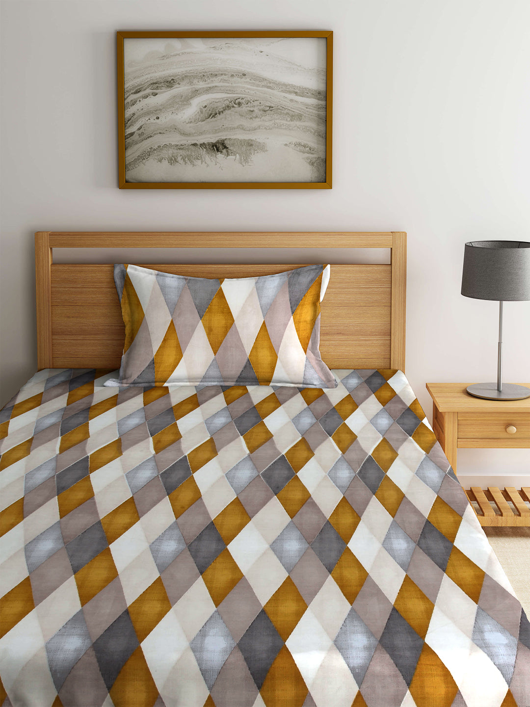 Arrabi Multi Geometric TC Cotton Blend Single Size Bedsheet with 1 Pillow Cover (225 x150 cm)