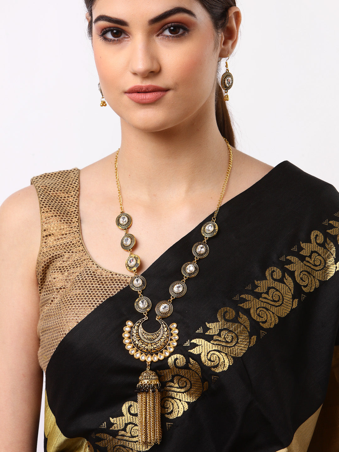 Arrabi Gold Meenakari Jewellery Set with 2 Earrings (30 cm)