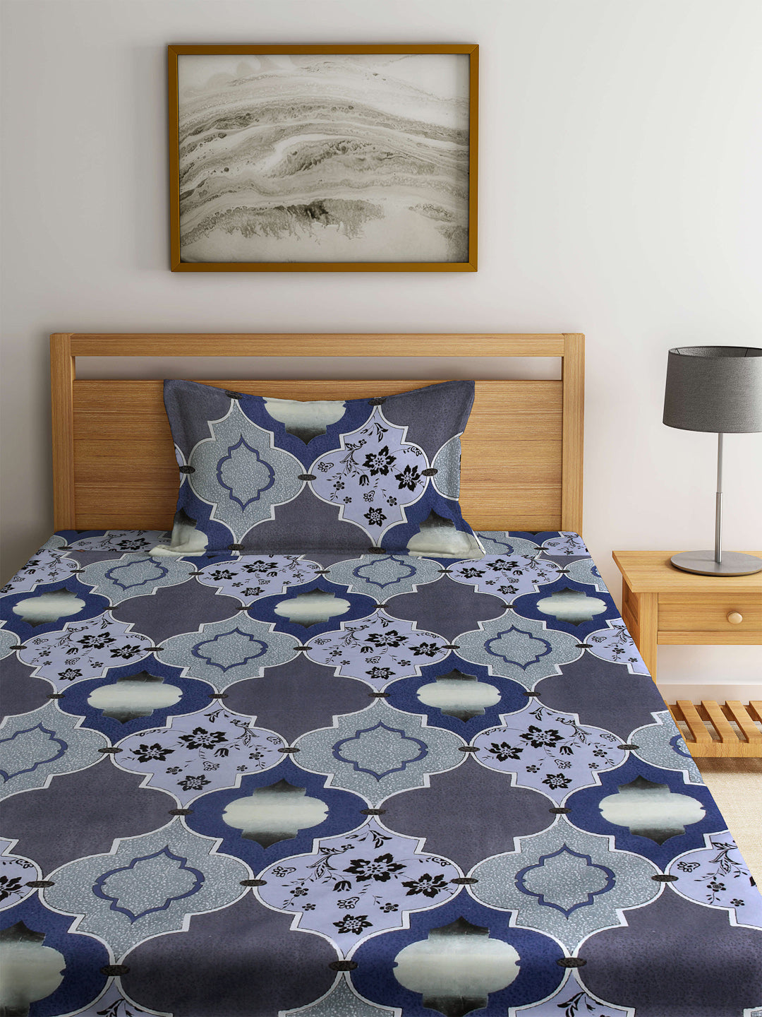 Arrabi Multi Indian TC Cotton Blend Single Size Fitted Bedsheet with 1 Pillow Cover (220 X 150 cm)