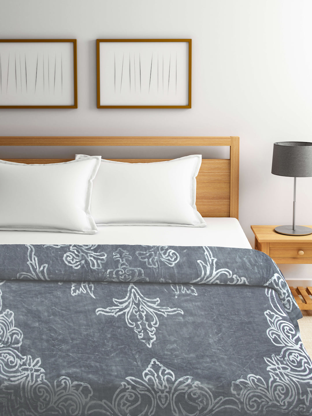 Arrabi Grey Floral Wool Blend 950 GSM Full Size Double Bed Blanket (220 X 200 cm)