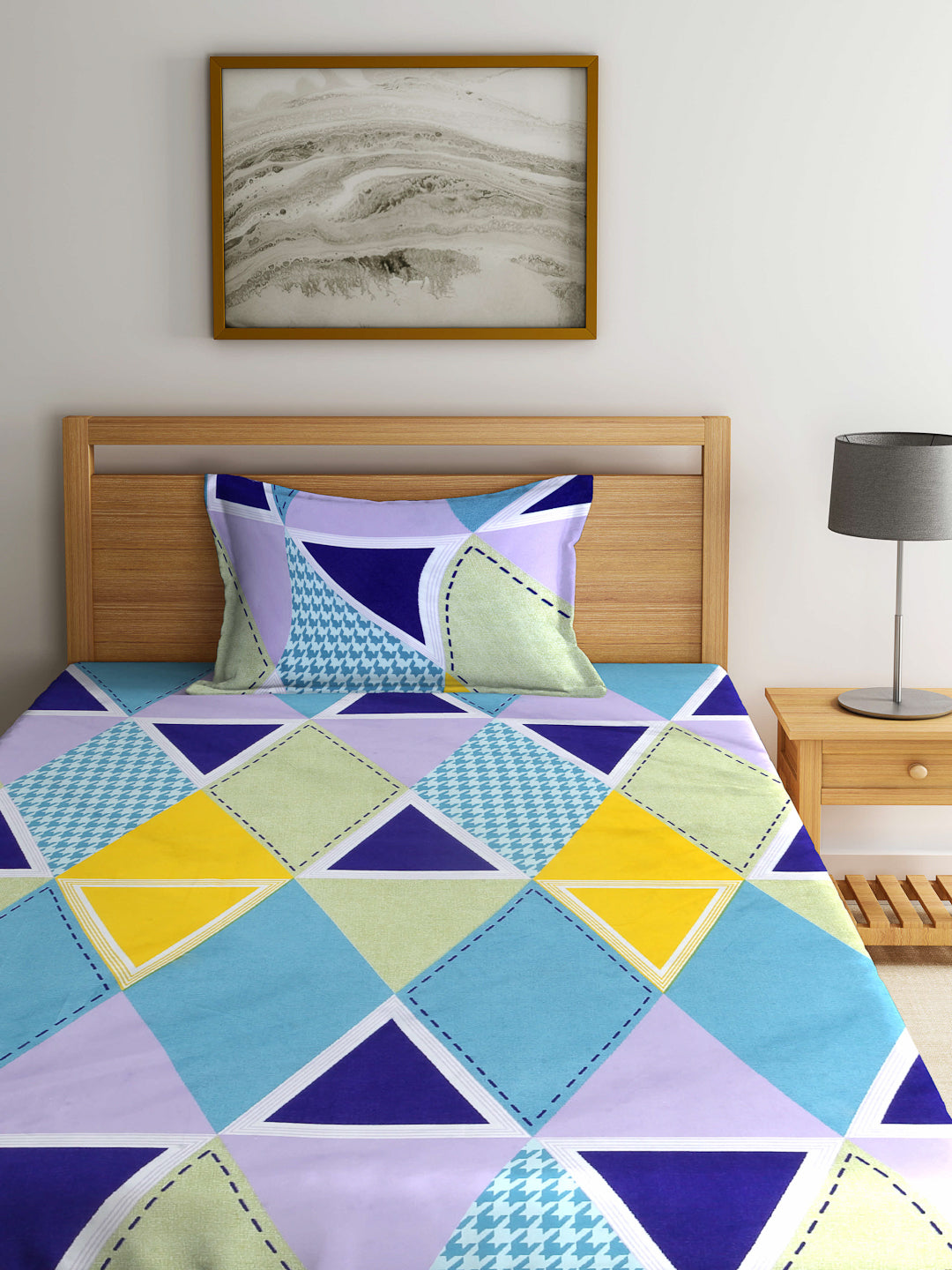Arrabi Multi Geometric TC Cotton Blend Single Size Fitted Bedsheet with 1 Pillow Cover (220 X 150 cm)