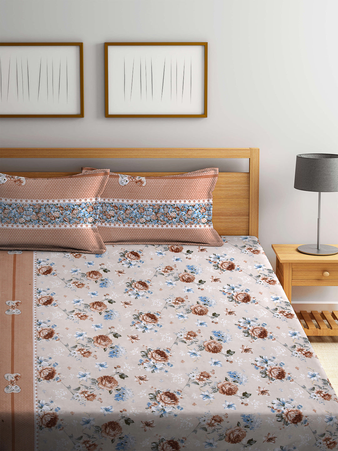 Arrabi Multi Floral TC Cotton Blend Double Size Bedsheet with 2 Pillow Cover