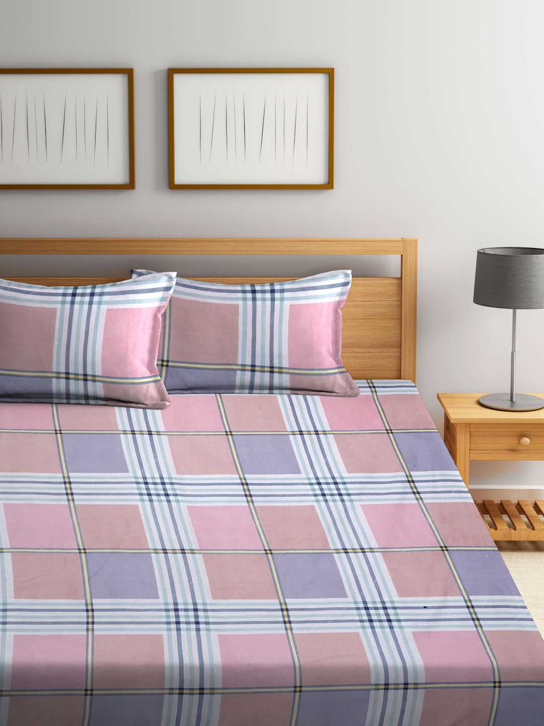 Arrabi Multi Geometric TC Cotton Blend King Size Fitted Bedsheet with 2 Pillow Covers(250 X 215 Cm )