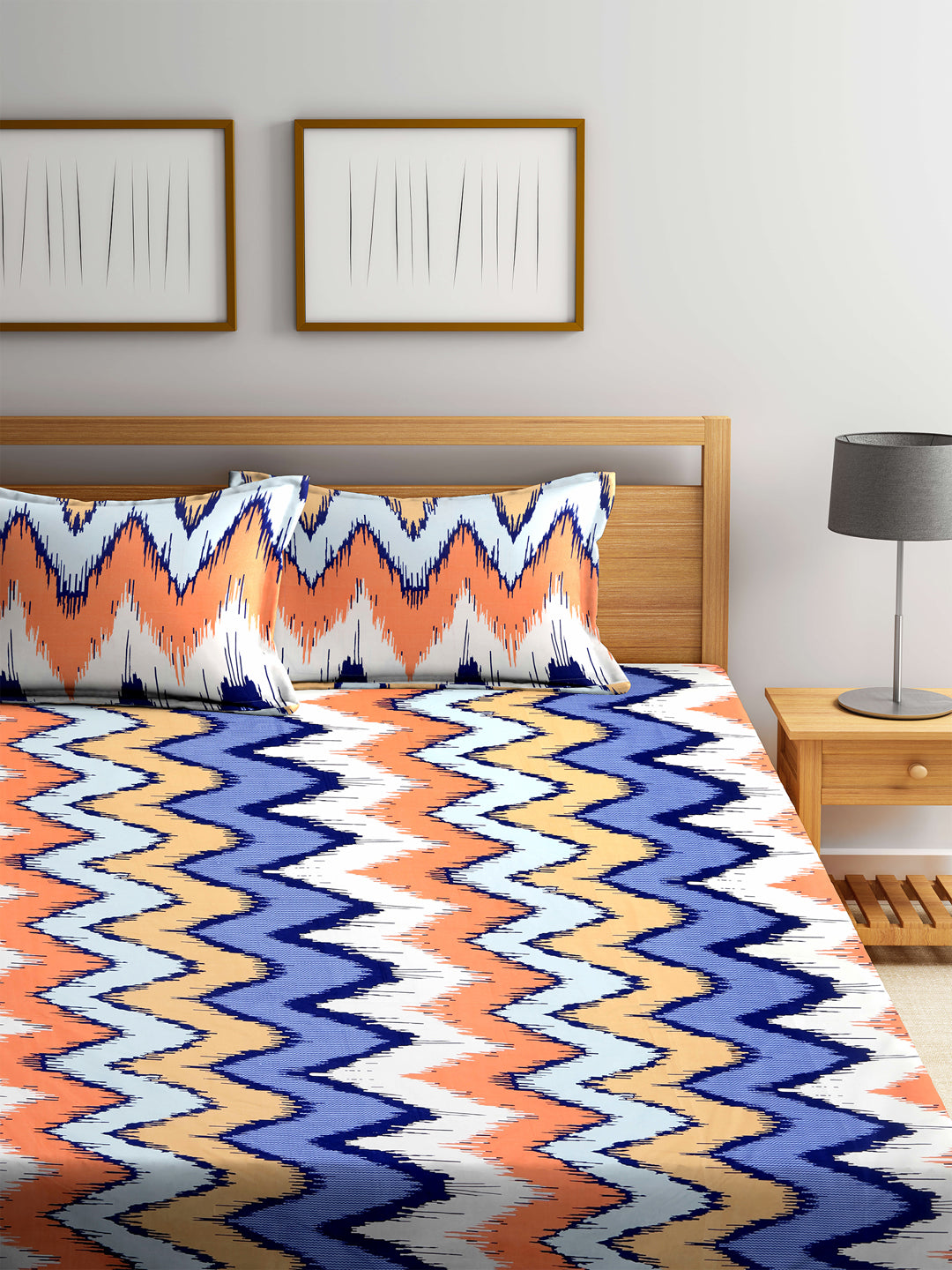 Arrabi Multi Graphic TC Cotton Blend King Size Fitted Bedsheet with 2 Pillow Covers (250 X 215 Cm )
