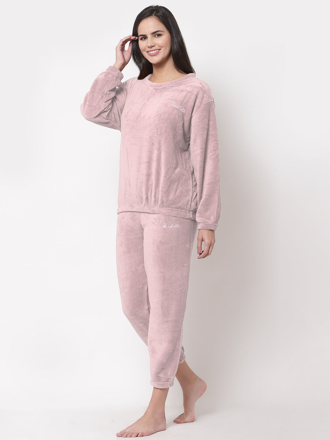 Arrabi Women LightPink Wool Blend Solid Winter Night Suit