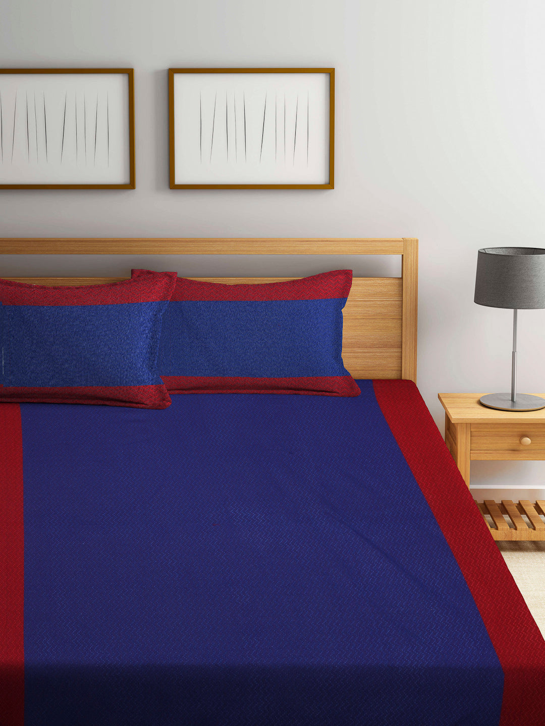 Arrabi Red Stripes Handwoven Cotton King Size Bedsheet with 2 Pillow Covers (260 X 230 cm)