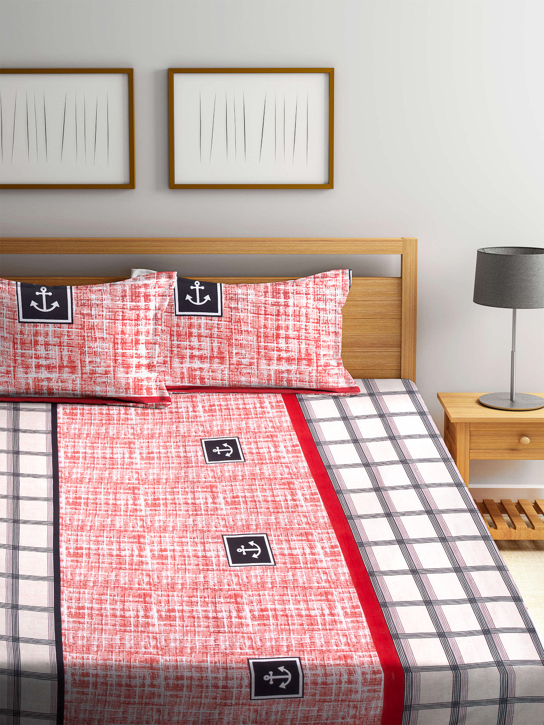 Arrabi Multi Geometric TC Cotton Blend King Size Fitted Bedsheet with 2 Pillow Covers(250 X 215 Cm )