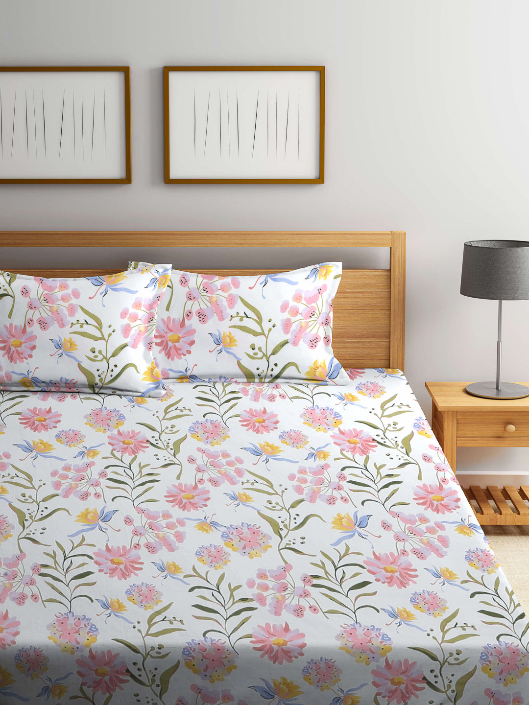 Arrabi White Floral TC Cotton Blend Double King Size Bedsheet with 2 Pillow Covers (270 x 260 cm)
