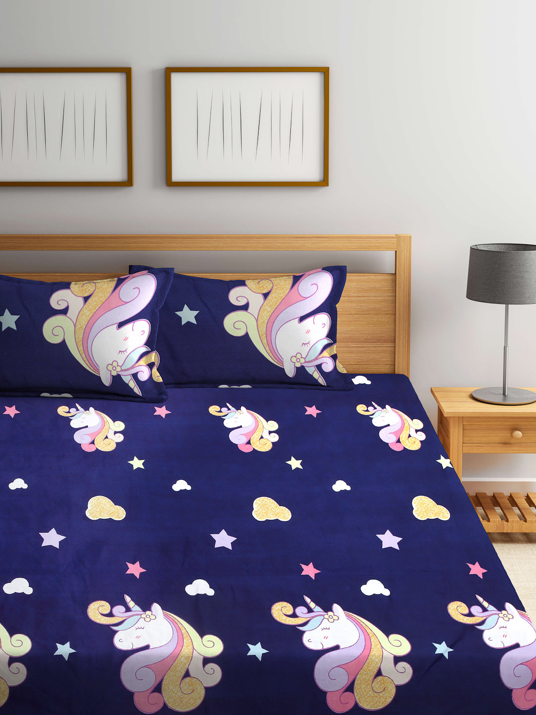 Arrabi Blue Cartoon TC Cotton Blend King Size Bedsheet with 2 Pillow Covers (250 X 220 cm)