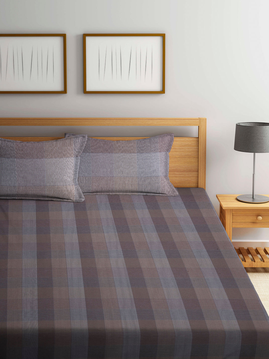 Arrabi Beige Check Handwoven Cotton King Size Bedsheet with 2 Pillow Covers (260 X 250 cm)