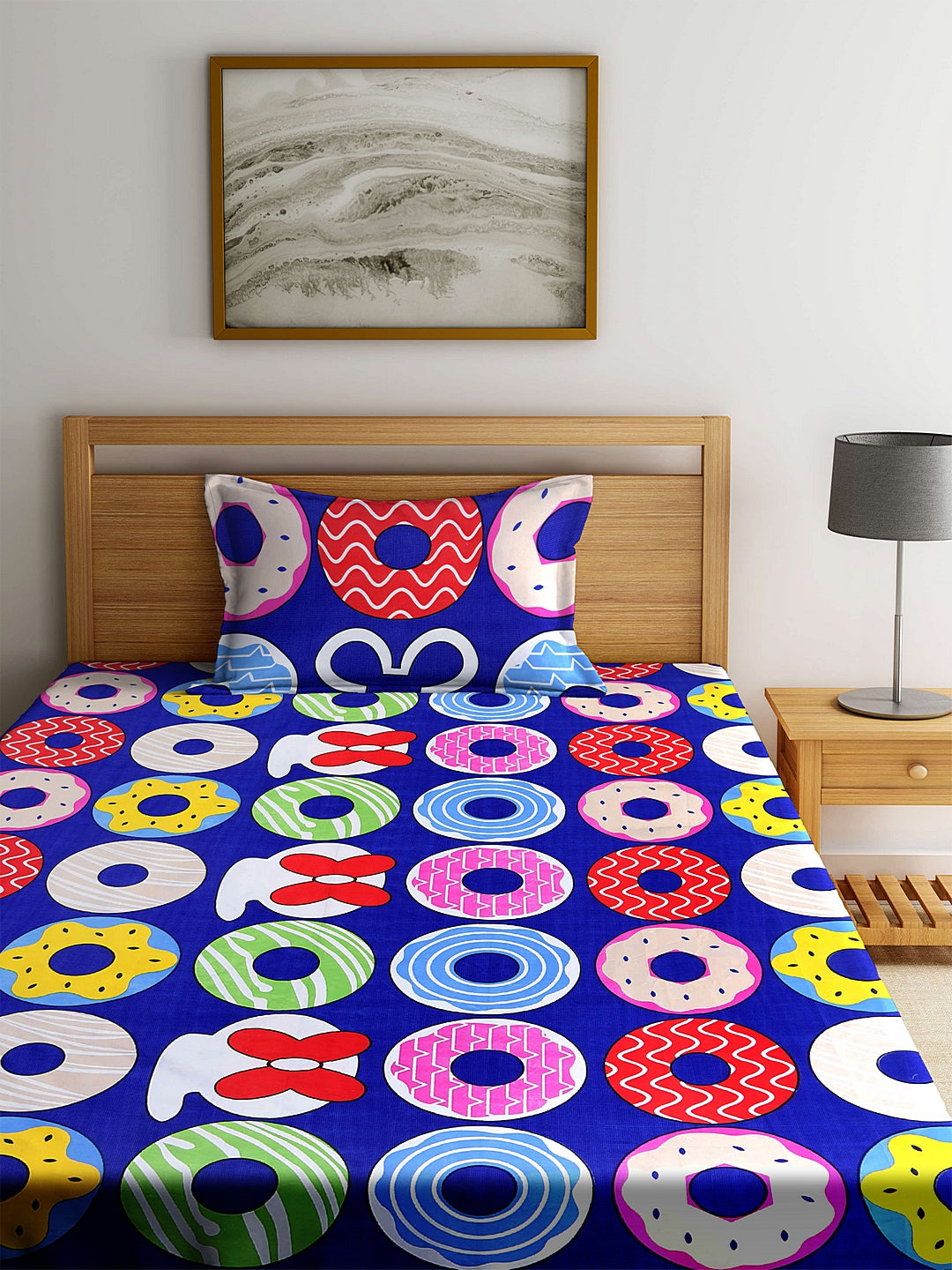 Arrabi Blue Geometric TC Cotton Blend Single Size Fitted Bedsheet with 1 Pillow Cover (220 X 150 cm)