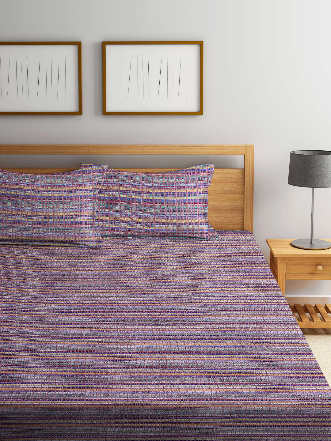 Arrabi Multi Stripes Handwoven Cotton King Size Bedsheet with 2 Pillow Covers (260 X 230 cm)