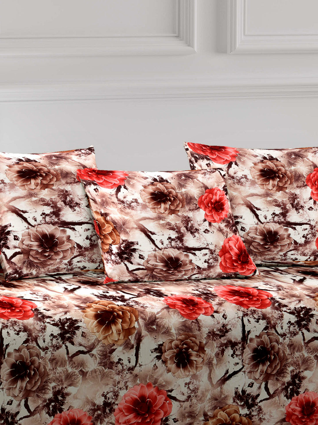 Arrabi Brown Set of 6 Floral Handwoven Chenille Diwan Set (225 x150 cm)