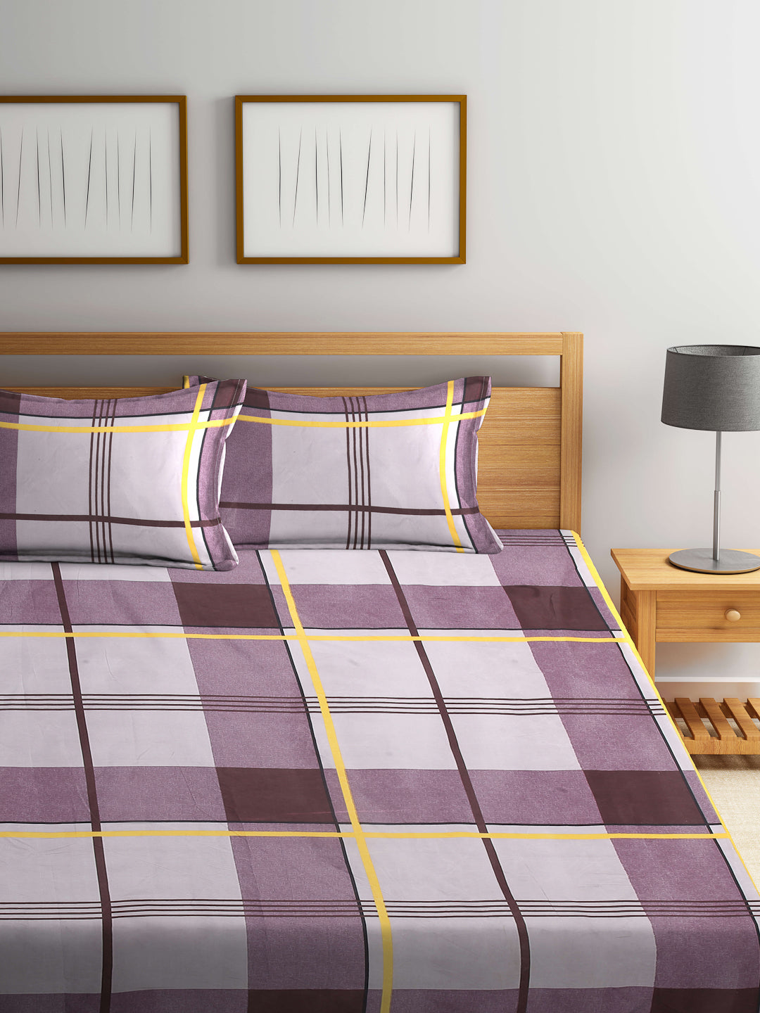 Arrabi Multi Checks TC Cotton Blend Double Size Bedsheet with 2 Pillow Covers (250 x 215 cm)