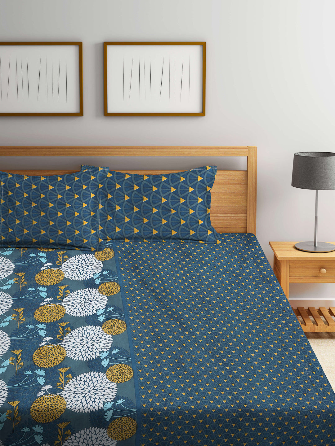 Arrabi Multi Floral TC Cotton Blend Double Size Bedsheet with 2 Pillow Covers