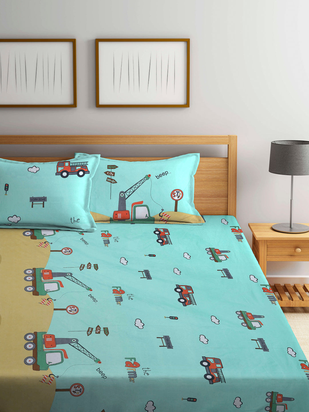 Arrabi Green Cartoon TC Cotton Blend Double Size Bedsheet with 2 Pillow Covers