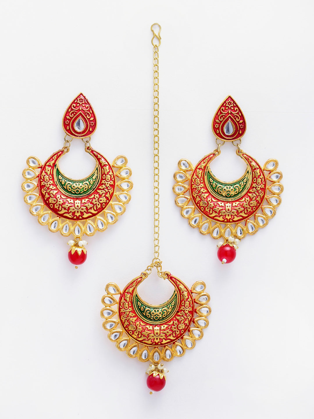 Arrabi Multi Oxidised Kundan Studded Maang Tika & Earrings Set (17 cm)