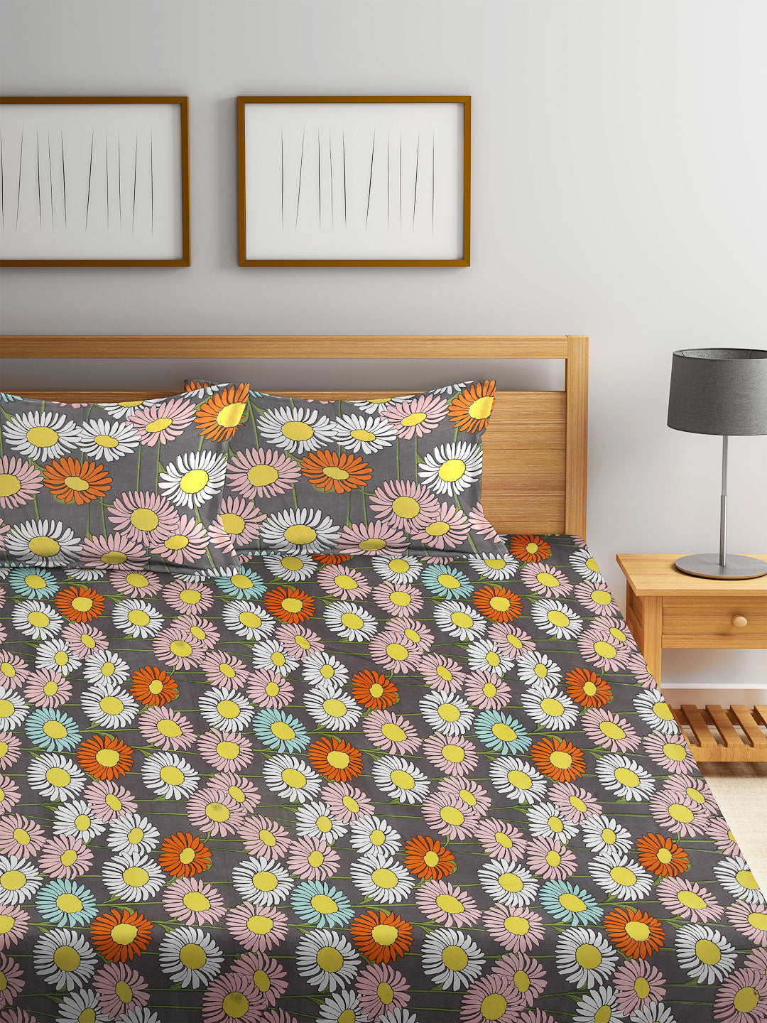 Arrabi Multi Floral TC Cotton Blend Double Size Bedsheet with 2 Pillow Cover