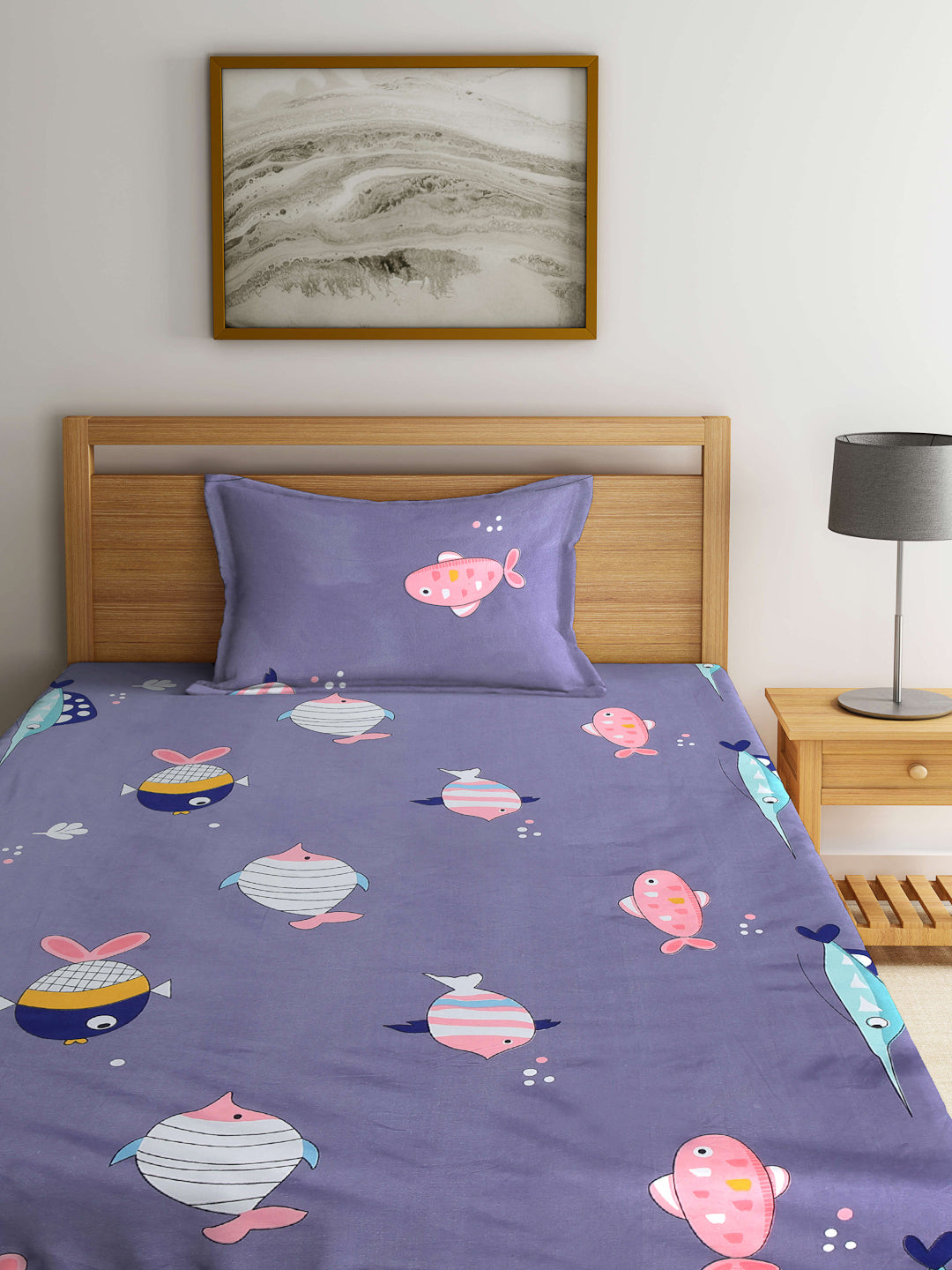 Arrabi Grey Cartoon TC Cotton Blend Single Size Fitted Bedsheet with 1 Pillow Cover (220 X 150 cm)