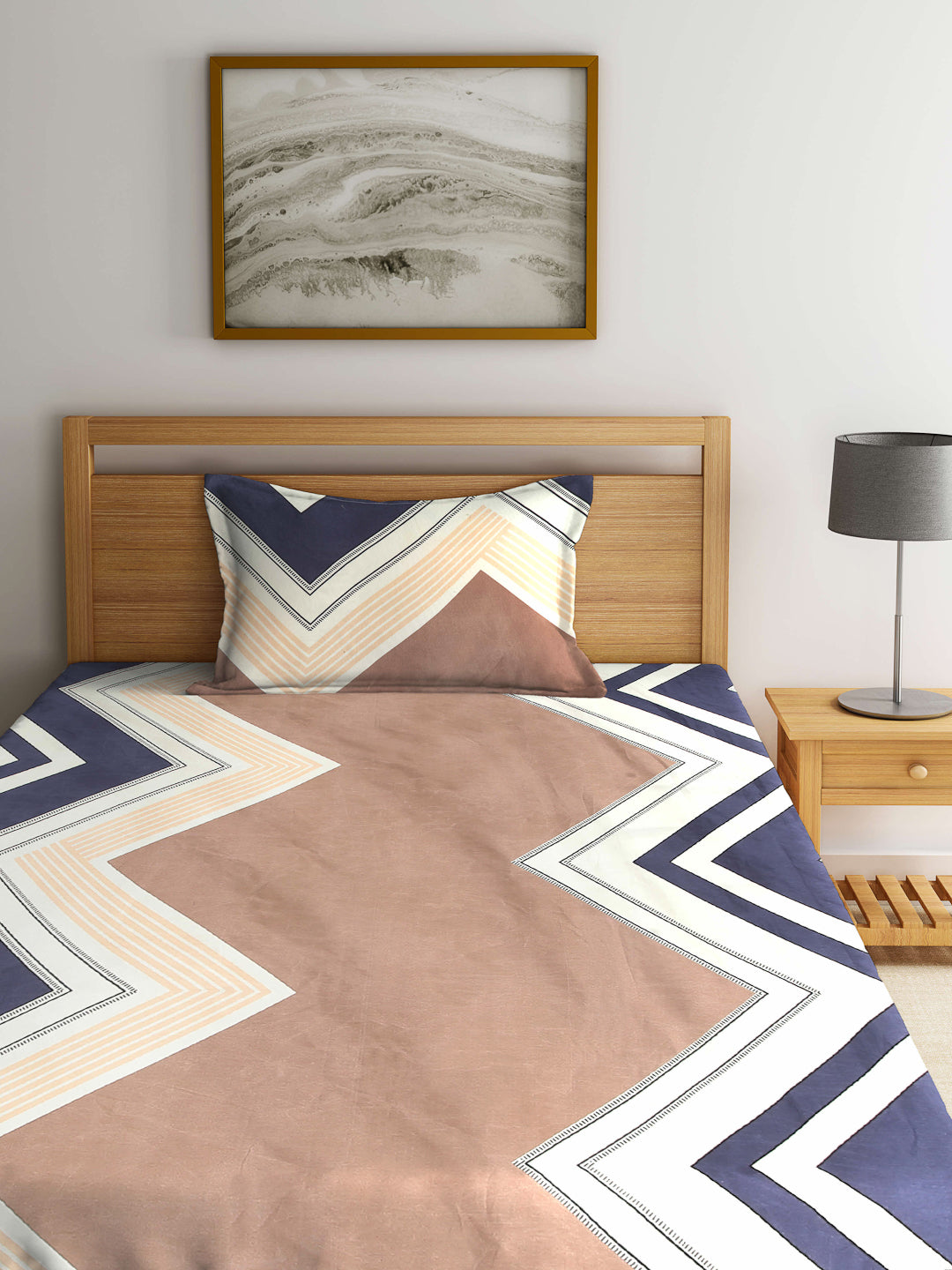 Arrabi Multi Geometric TC Cotton Blend Single Size Fitted Bedsheet with 1 Pillow Cover (220 X 150 cm)