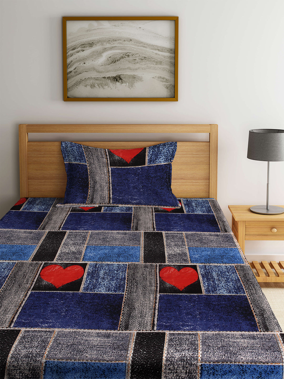 Arrabi Blue Graphic TC Cotton Blend Single Size Fitted Bedsheet with 1 Pillow Cover (220 X 150 cm)
