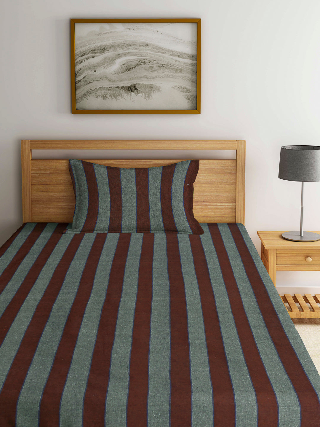 Arrabi Grey Stripes Handwoven Cotton Single Size Bedsheet with 1 Pillow Cover (230 X 150 cm)