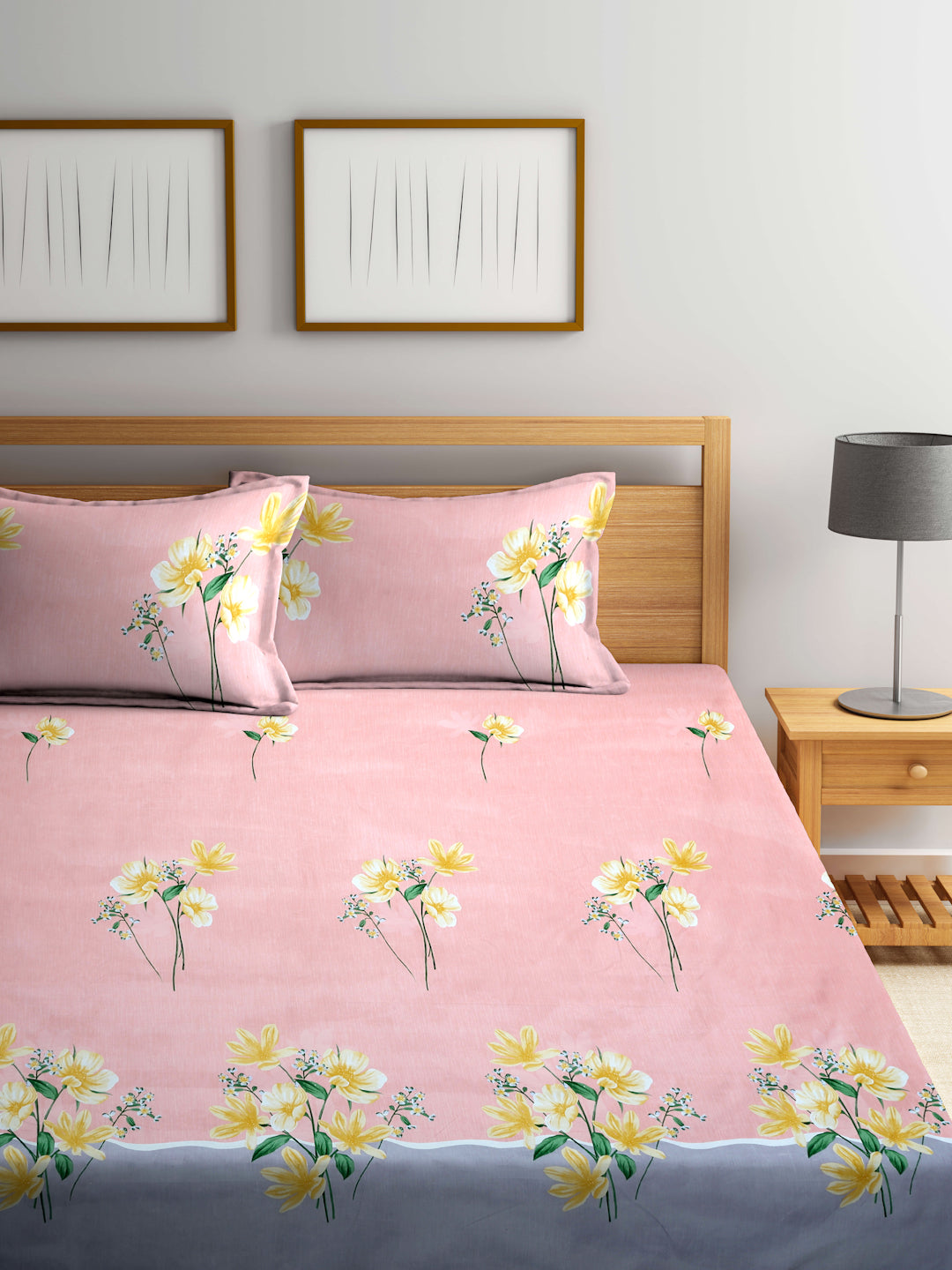 Arrabi Peach Floral TC Cotton Blend Super King Size Fitted Bedsheet with 2 Pillow Covers(270 X 260 Cm )