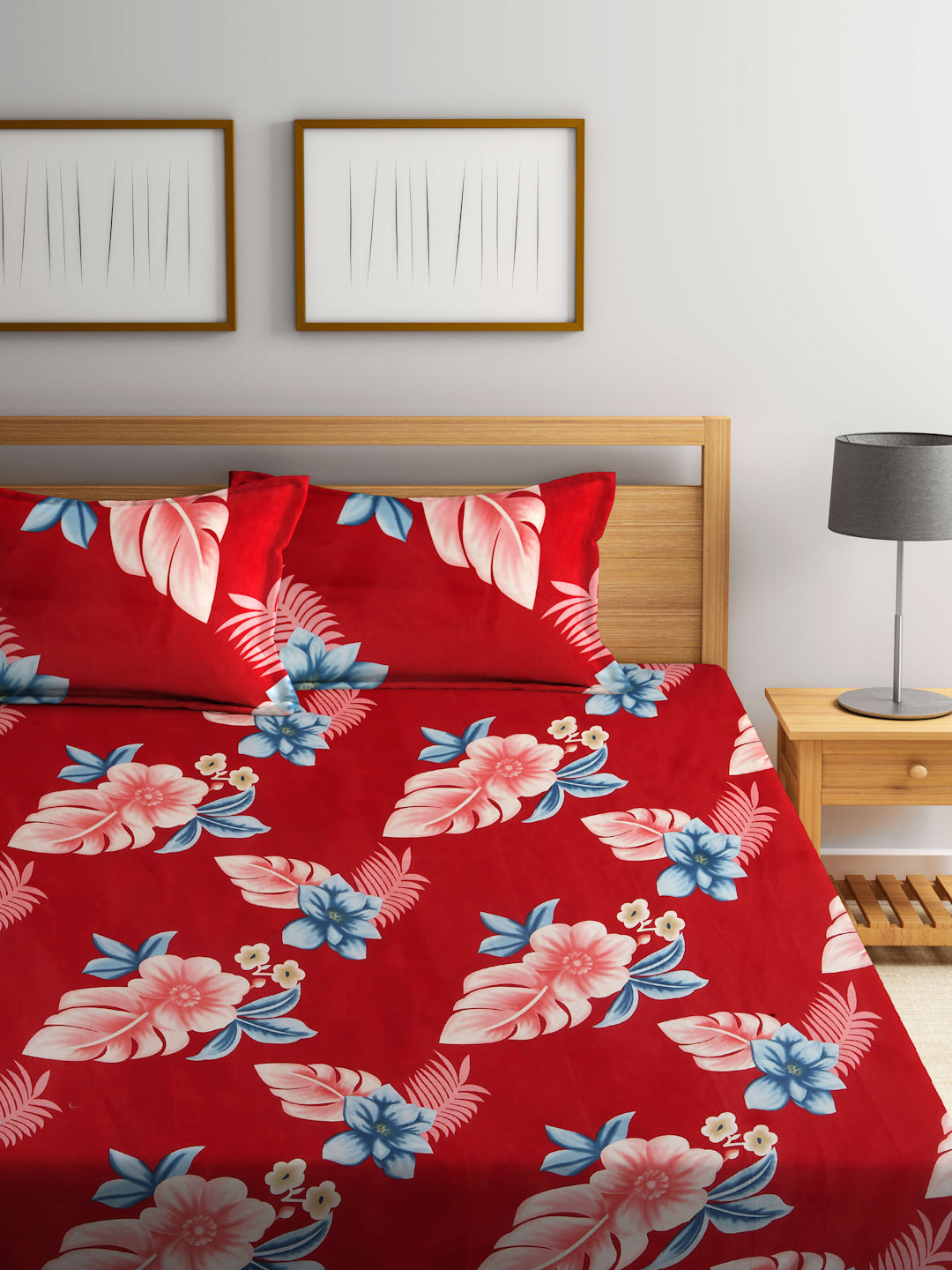 Arrabi Red Floral TC Cotton Blend King Size Bedsheet with 2 Pillow Covers (250 X 215 cm)
