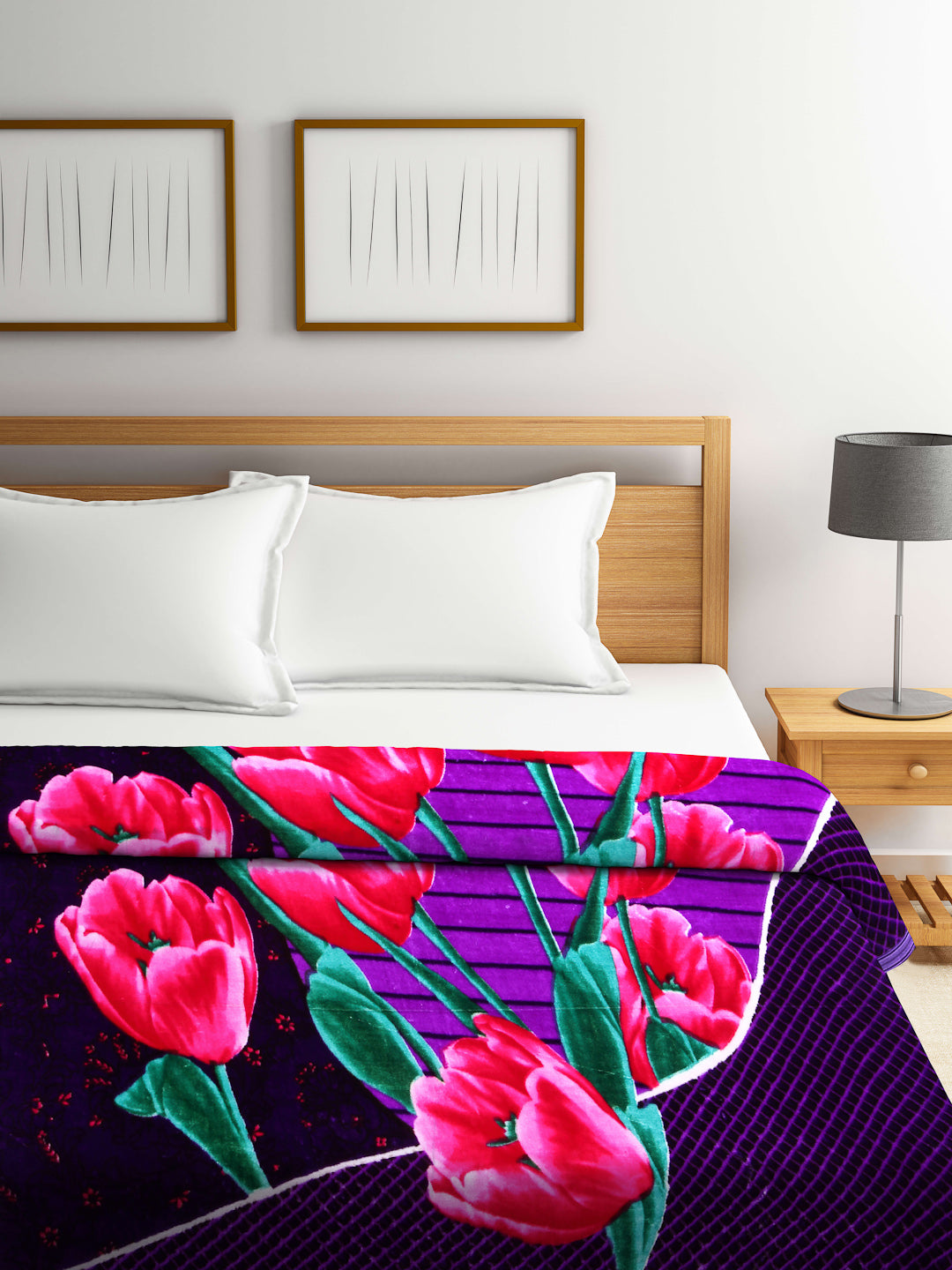 Arrabi Purple Floral Polyester 950 GSM King Size Double Bed Blanket (225 x 210 cm )