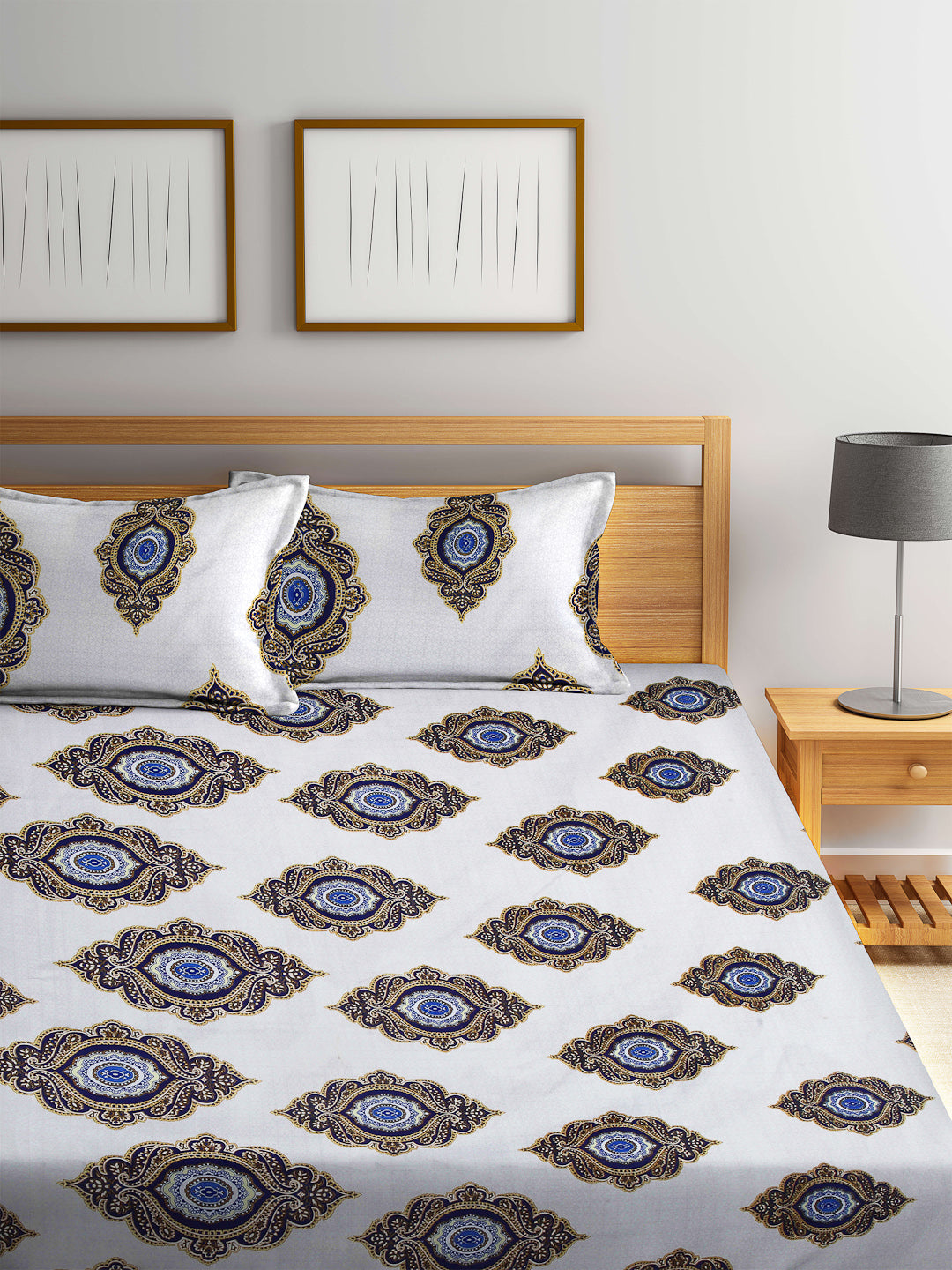 Arrabi White Indian TC Cotton Blend Double Size Bedsheet with 2 Pillow Cover