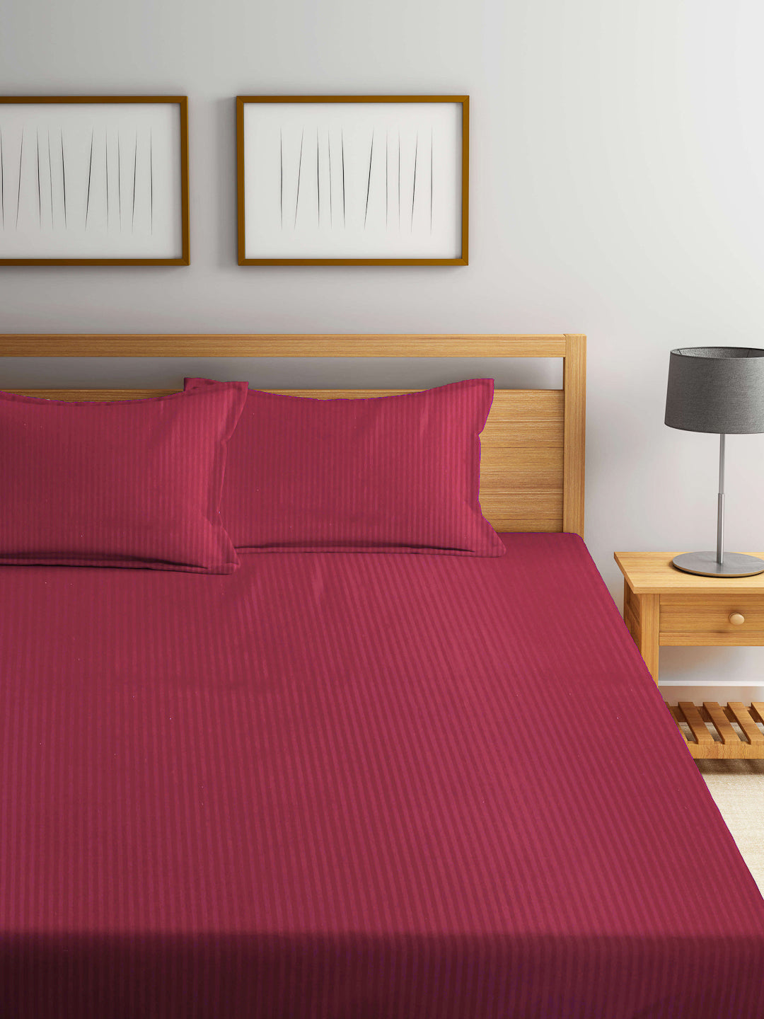Arrabi Red Stripes TC Cotton Blend Double Size Bedsheet with 2 Pillow Covers (250 x 220 cm)