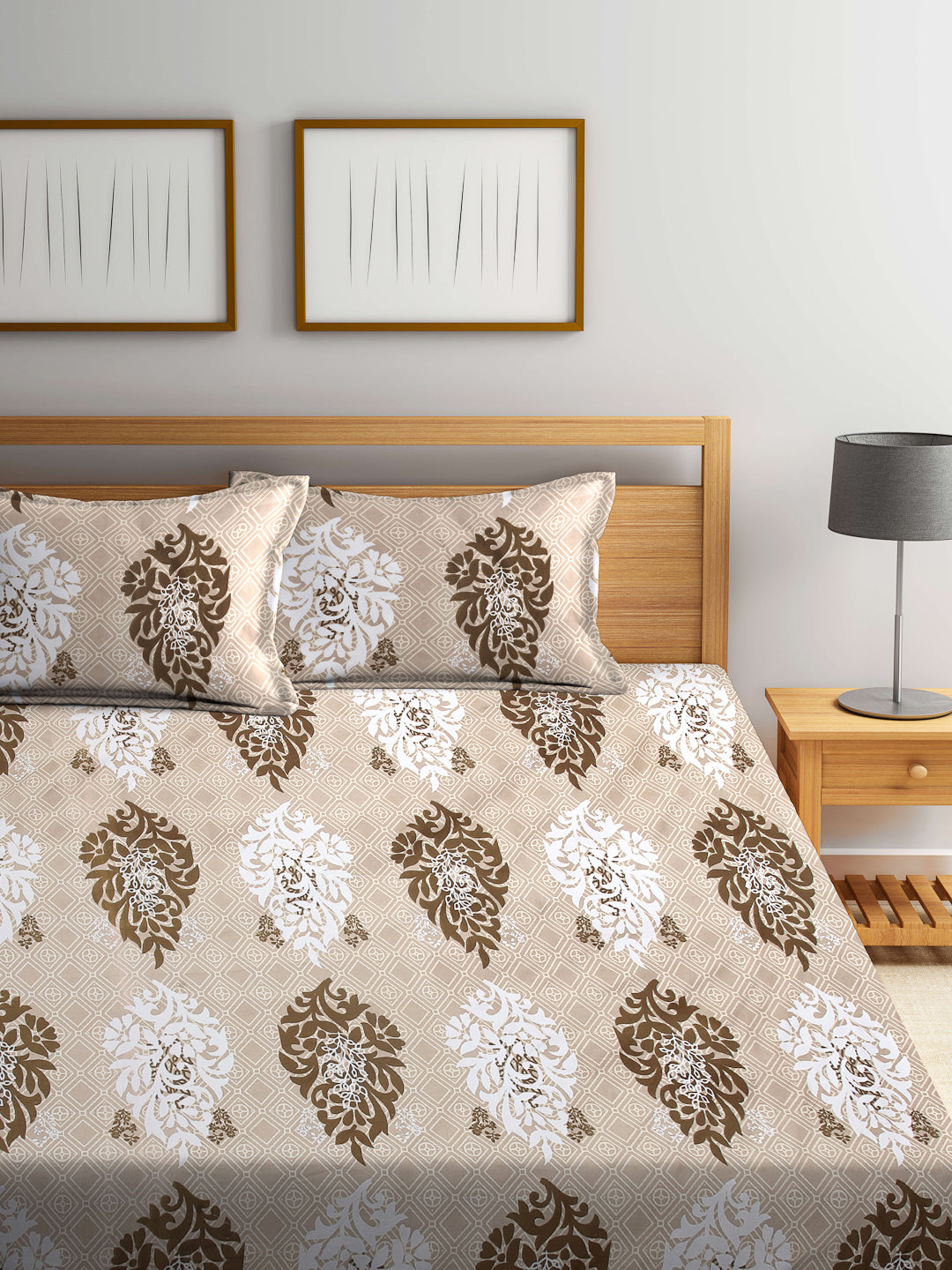 Arrabi Brown Indian TC Cotton Blend Double Size Bedsheet with 2 Pillow Covers (250 x 215 cm)